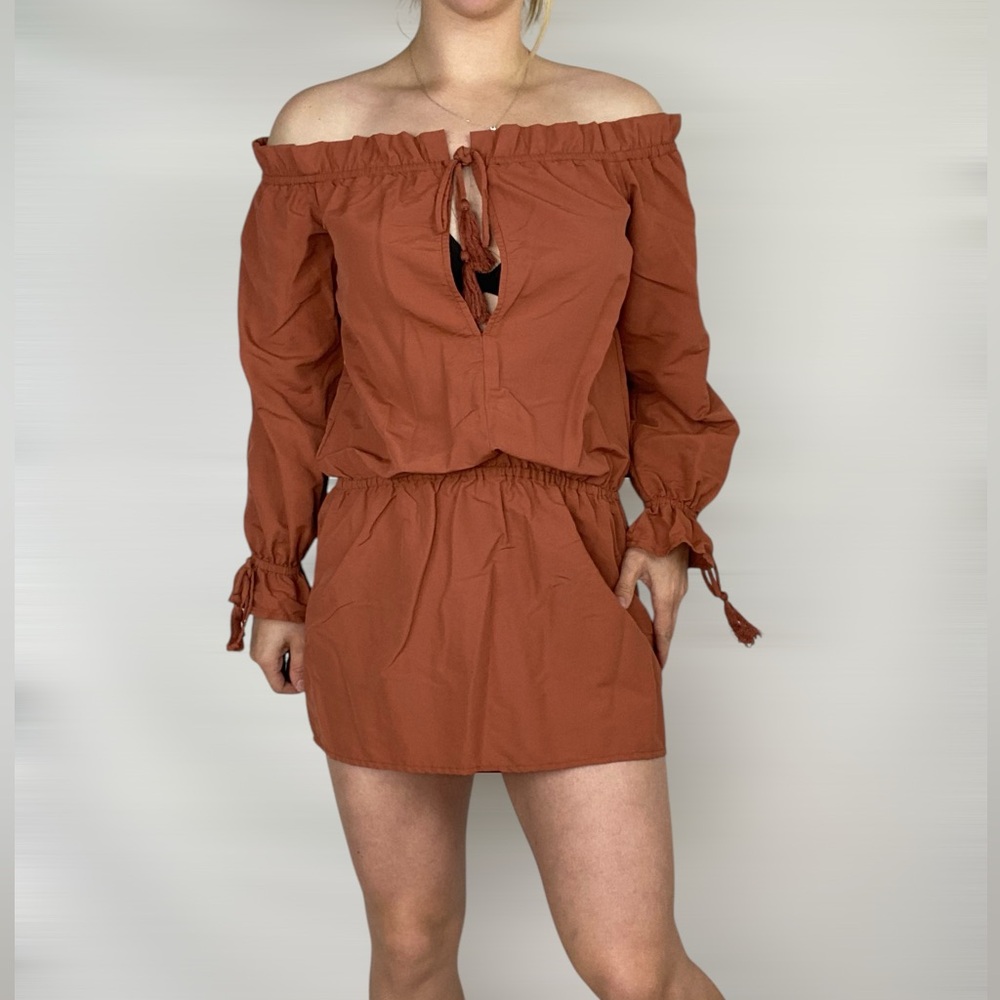 Tularosa Rust Off-Shoulder Mini Dress with Tie Front